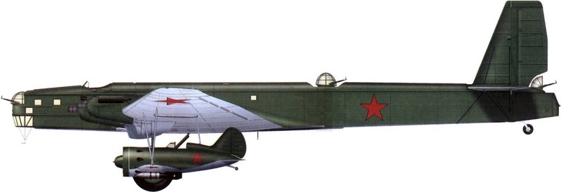 Zveno-SPB compuesto por un TB-3 M-34 teniendo bajo las alas al I-16 Tipo 5